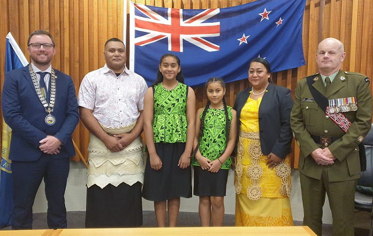 The Tomu family from Tonga with Mayor Sam Broughton and a representative from Burnham Military Camp at the citizenship ceremony