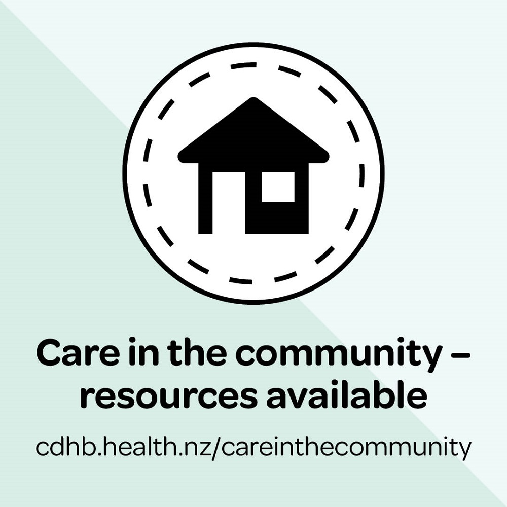 Graphic of a house within a dotted circle and the title Care in the Community resources available cdhb.health.nz/careinthecommunity
