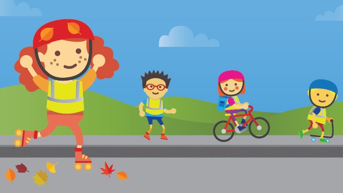 Cartoon of children skating, scootering and walking