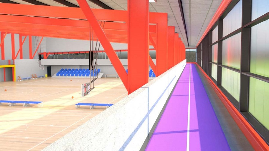 Image of a purple running track on a mezzanine over a sports court