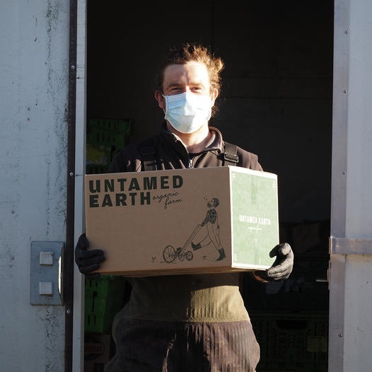 Man in a white face mask holding a cardboard box from Untamed Earth