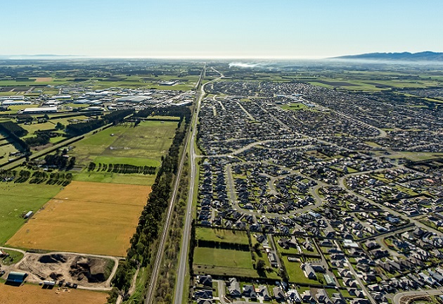 An aerial view of State Highway 1 through Rolleston