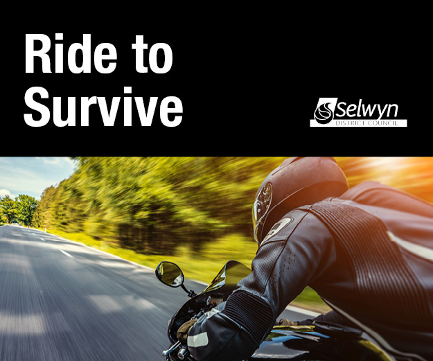 image of rider in black safety gear riding a motorbike on a country road captioned with a black box at the top with ride to survive written in white