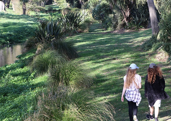 Two girls walking in a reserve with their backs to the camera