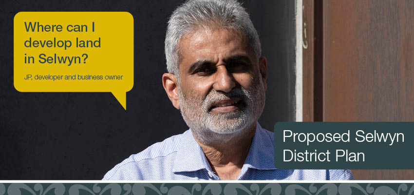 Head and shoulders of a man with a speech bubble saying "where can I develop land in Selwyn"