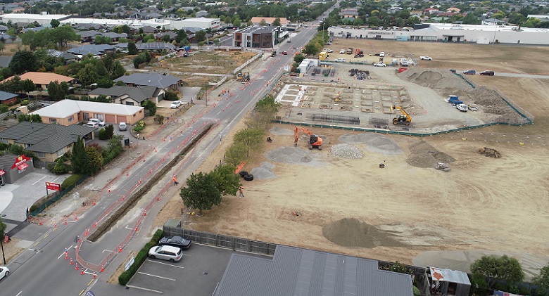 An aerial view of work on Tennyson Street and the construction of Te Ara Atea
