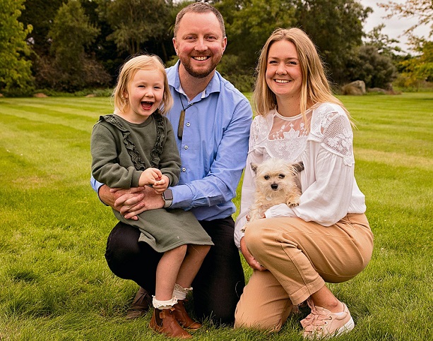 Mayor Sam Broughton, daughter Elliot and wife Liz in a garden