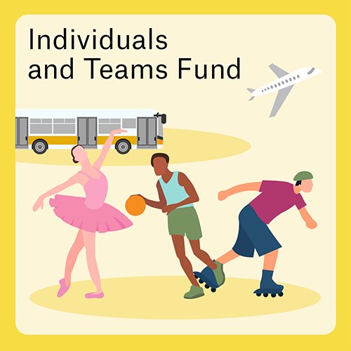 Animated images of a bus, ballerina, basketballer, roller skater and airplane