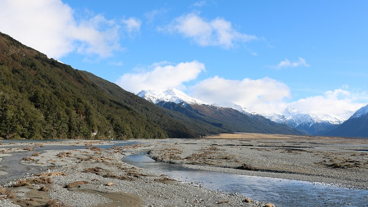 Picture of a mountain landscape with a braided river flowing through a valley and a snowy mountain behind