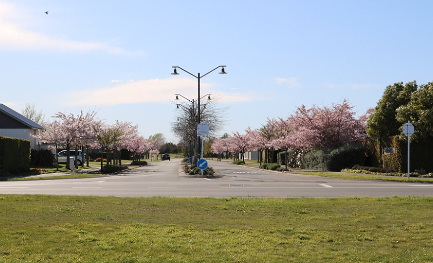 View from grassed area of Dryden Avenue and the site of the new intersection