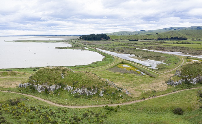 A landscape of a field and lake with banks peninsula rising in the background