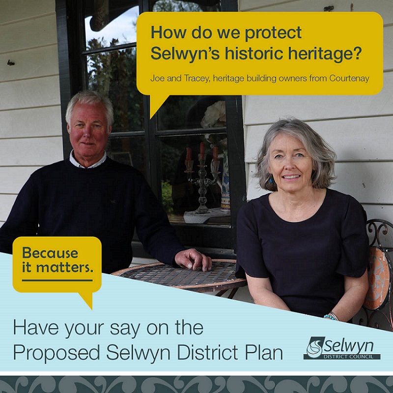 A couple sitting at an outside table on a deck with a speech bubble saying 'how do we protect Selwyn's historic heritage?