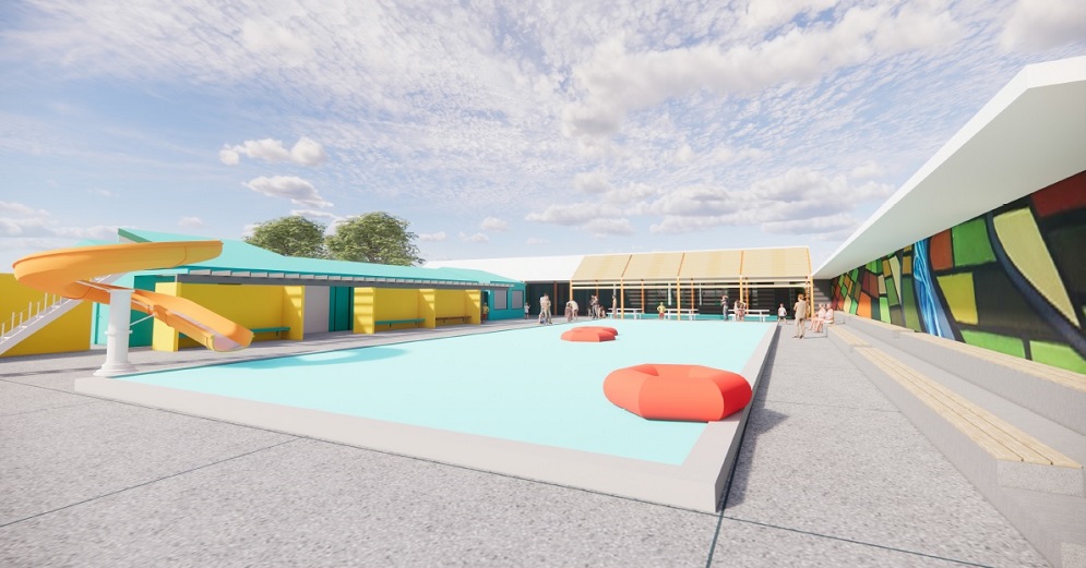An artists impression of the new pool with a yellow water slide, pool containing inflatable rings and a wall with a mural featuring a stylised aerial image of the Canterbury plains