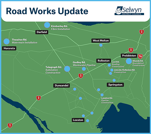 Map showing all the updated road works happening in the Selwyn district