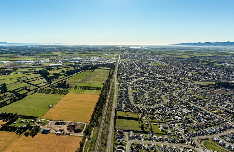 An aerial image of the Christchurch Southern Motorway looking from the western end of Rolleston towards Christchurch