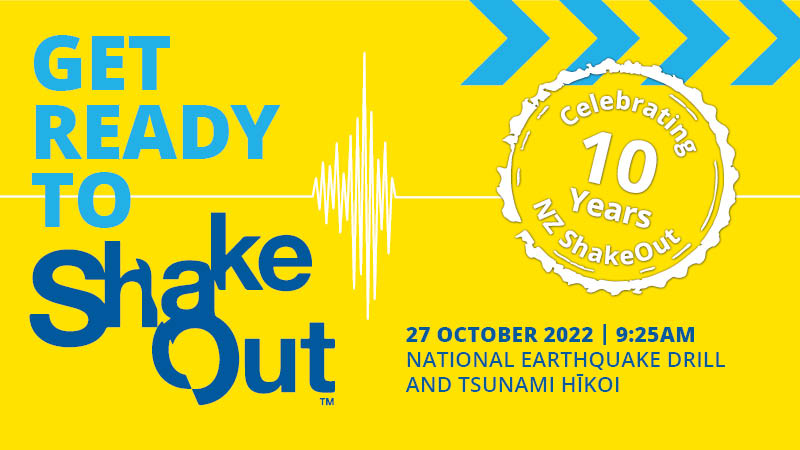 A yellow poster with white watermark of a seismograph reading and the text Get Ready to Shake Out 27 October 2022 9:25am National Earthquake Drill and Tsunami Hikoi