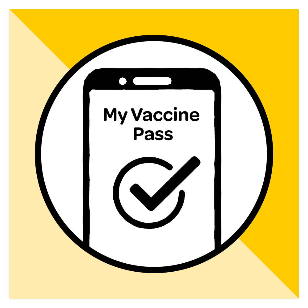 graphic of a cellphone with 'My Vaccine Pass' written on the screen above a tick mark