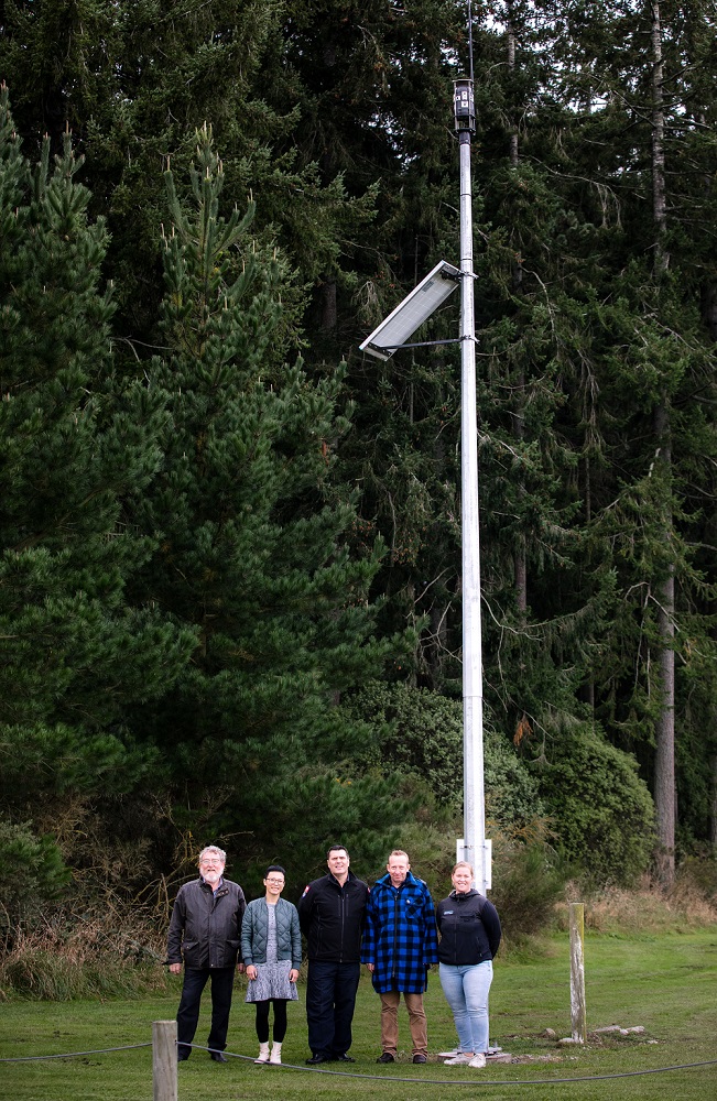 (left to right) Councillor Malcom Lyall – Deputy Mayor, Michelle Wong – SPARK, Wayne Hamilton – Fire and Emergency New Zealand, Cameron McKenna – Attentis, Councillor Lydia Gliddon (Malvern Ward) stand with a fire sensor pole