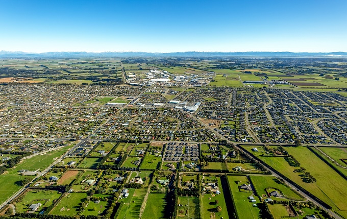 Aerial view of Rolleston looking towards the Alps