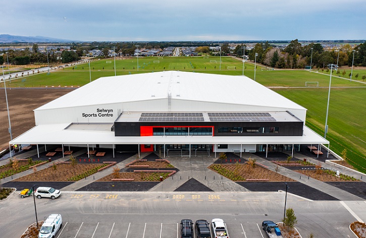 Aerial image of the Selwyn Sports Centre with Foster Park fields behind and around