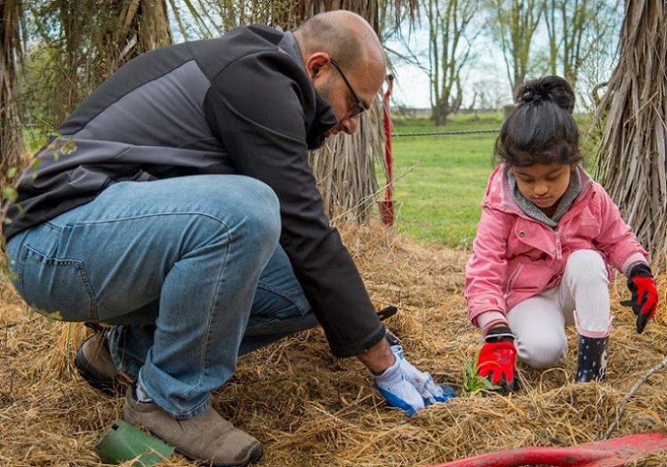 A father and daughter plant a tree together