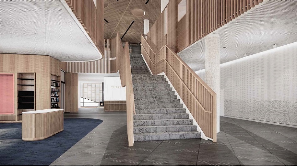 An artists impression of the foyer and stair case in Te Ara Atea