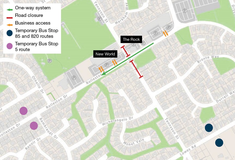 Map of the one way system, lane closures, temporary bus stops and how to access affected businesses 