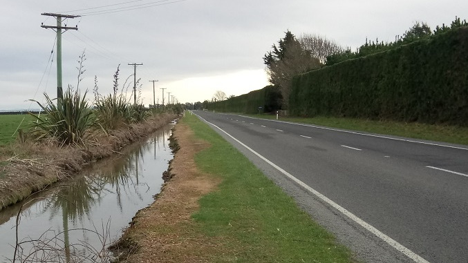 Image of a water race with a crumbling bank running alongside a road