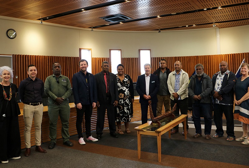 A line of Selwyn staff and councillors and visiting dignitaries from Honiara and Suva City councils