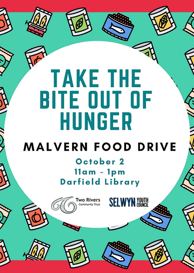 A sign for the Malvern Food Drive with details of when and where the drive is taking place
