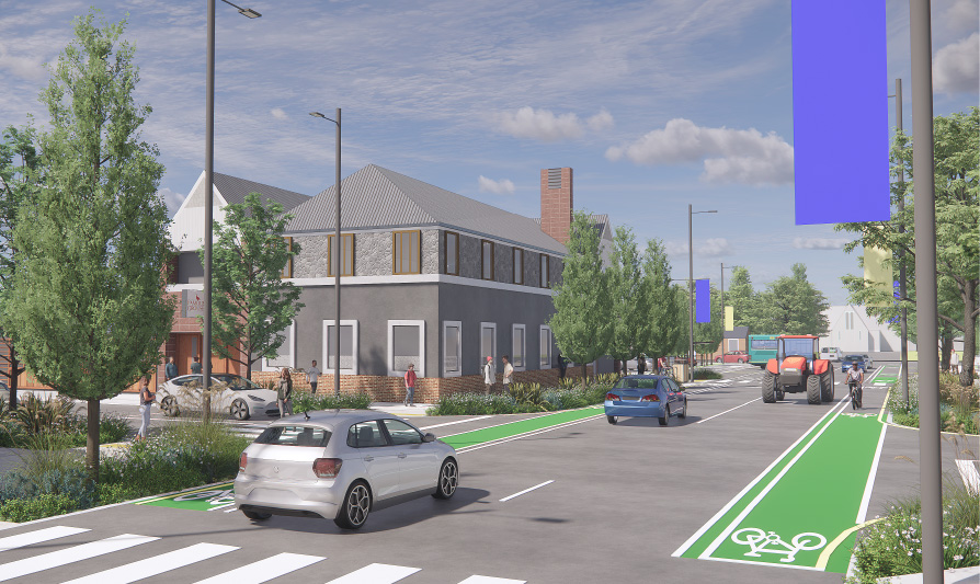 vector image showing street with three vehicles including tractor on it and cyclist