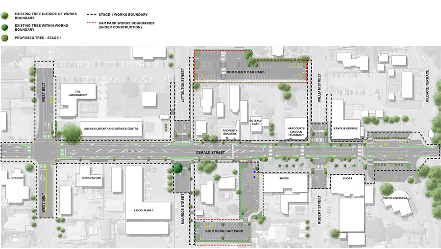 Aerial image of Lincoln Town Centre tree canopy after stage one