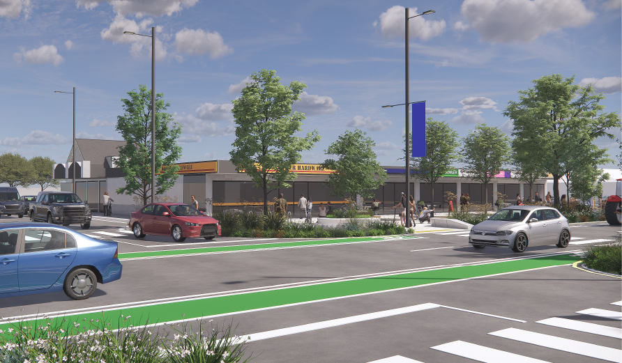 vector image showing street with three vehicles and businesses