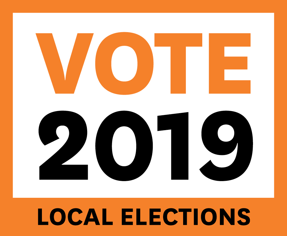 Orange  square logo saying Vote 2019 local elections