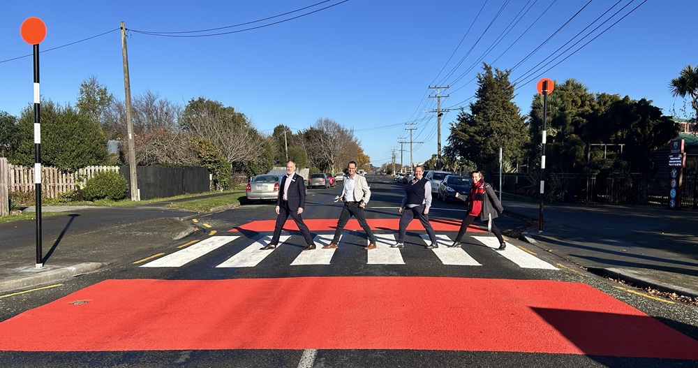 Darfield High School Principal Andy England, Deputy Principal Gavin Cate, Deputy Principal Nicola Turner and Year 13 Dean Jemma Rangi crossing the new school safety crossing in Darfield.