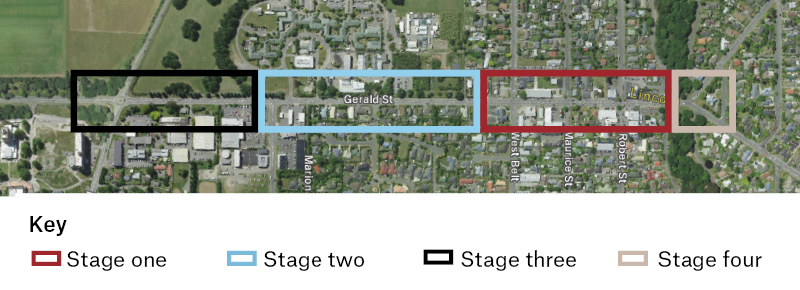 Map of Lincoln with four boxes along Gerald Street