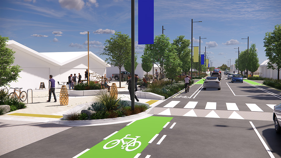 Plaza with businesses, people, bike lane and road