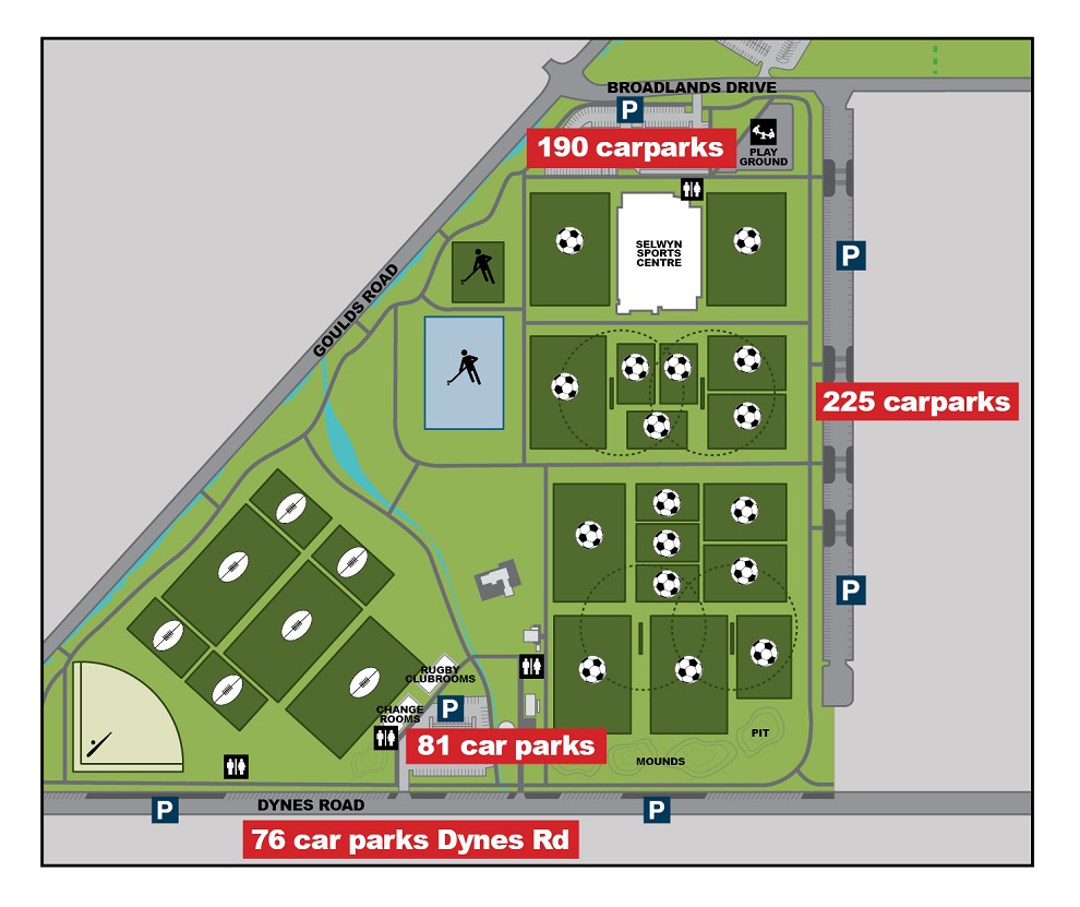 A map showing Foster Park, the different sports fields and the parking areas with the number of parking spaces in each area marked in red