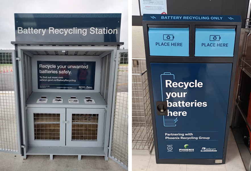 Photo of two battery recycling station units