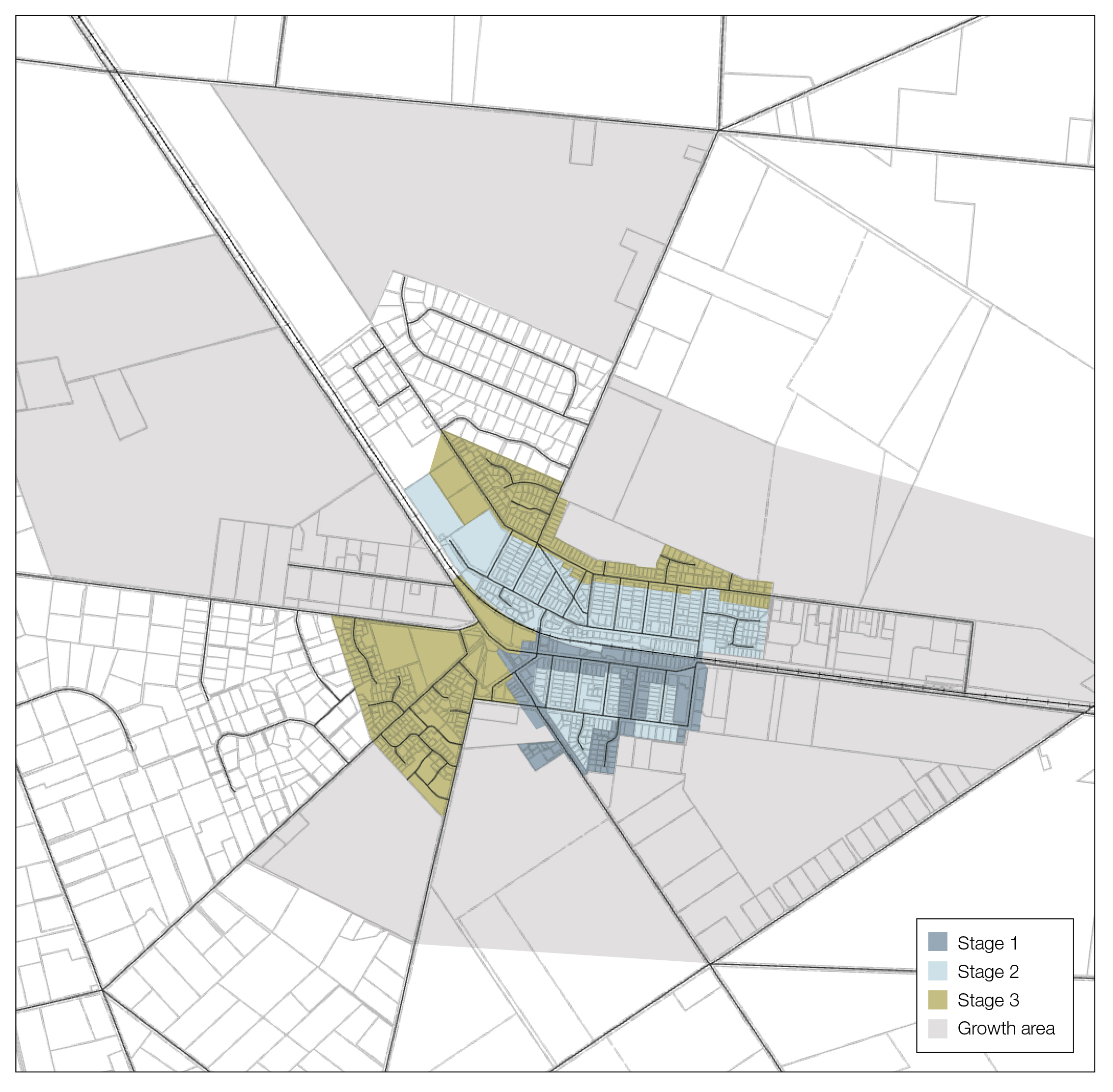 Map of Darfield with shading indicating proposed staging of pipeline developments