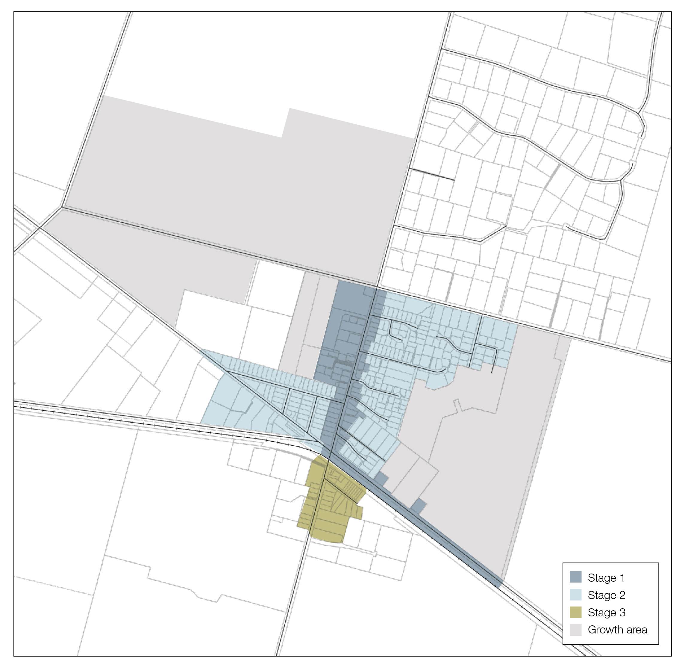Map of Kirwee with proposed stages for pipeline development